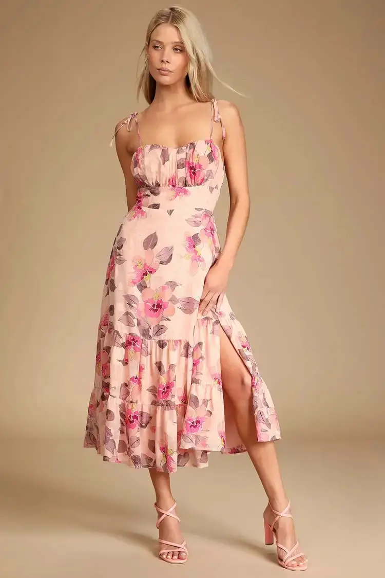 Tea Party Chic Pink Floral Print Tie-Strap Tiered Midi Dress