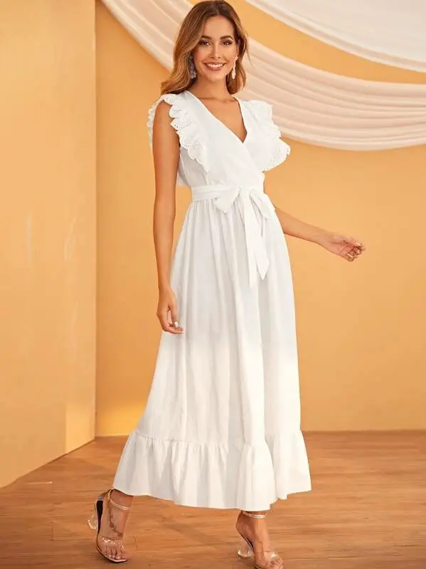 Embroidered Ruffle Sleeves Wrap Dress