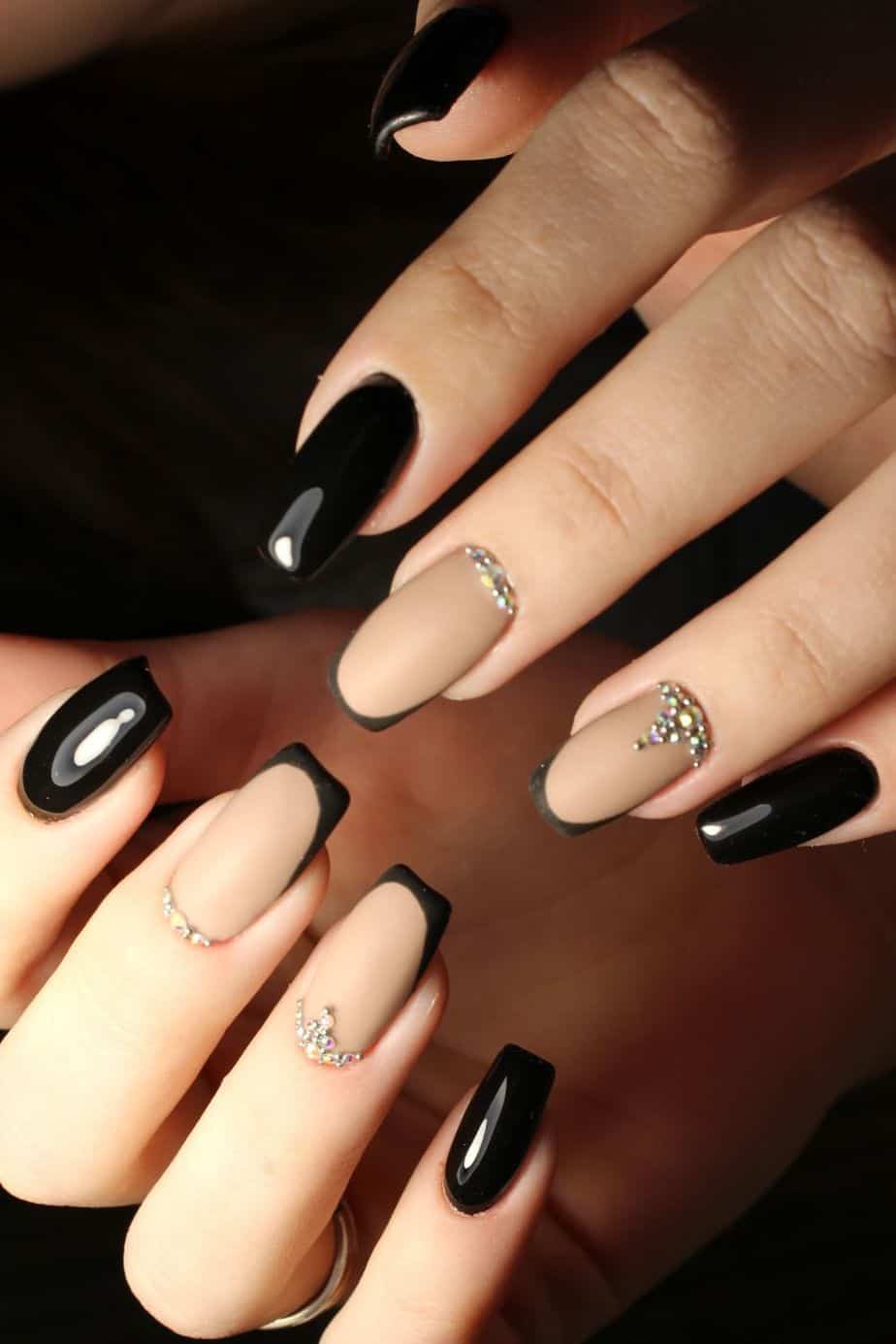 Black and Nude Nails with Silver Rhinestones