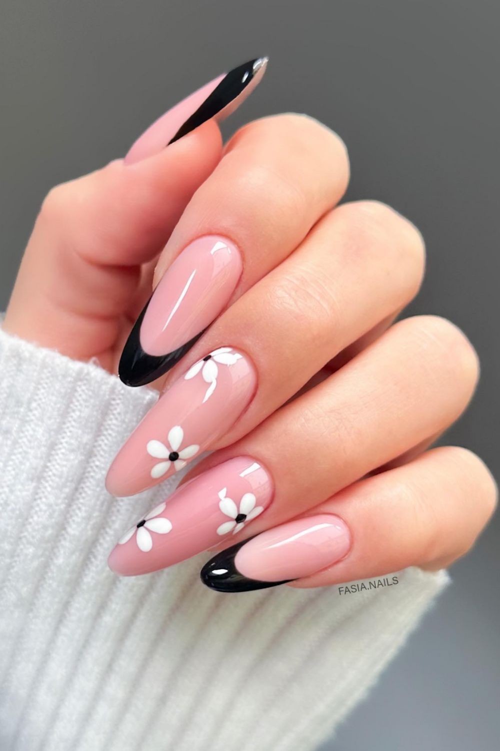 Pink and Black French Tips with Floral Accents