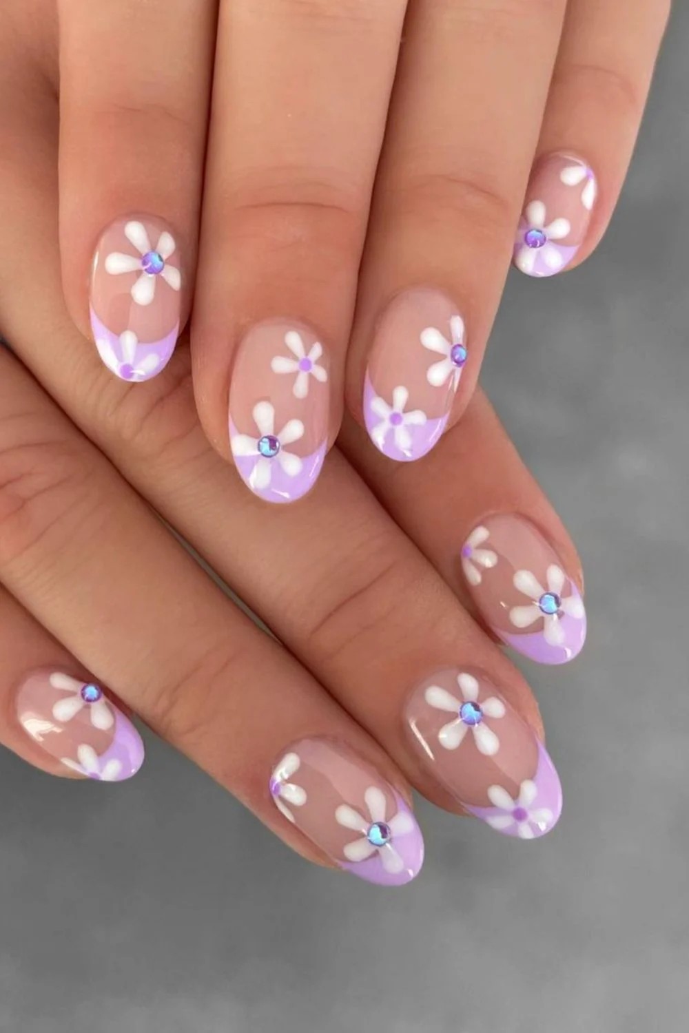Lavender French Tips with Rhinestone Flowers