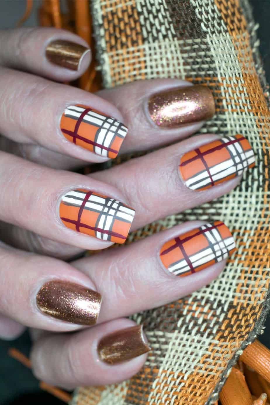 Golden Nails with Tartan Patten for Autumn