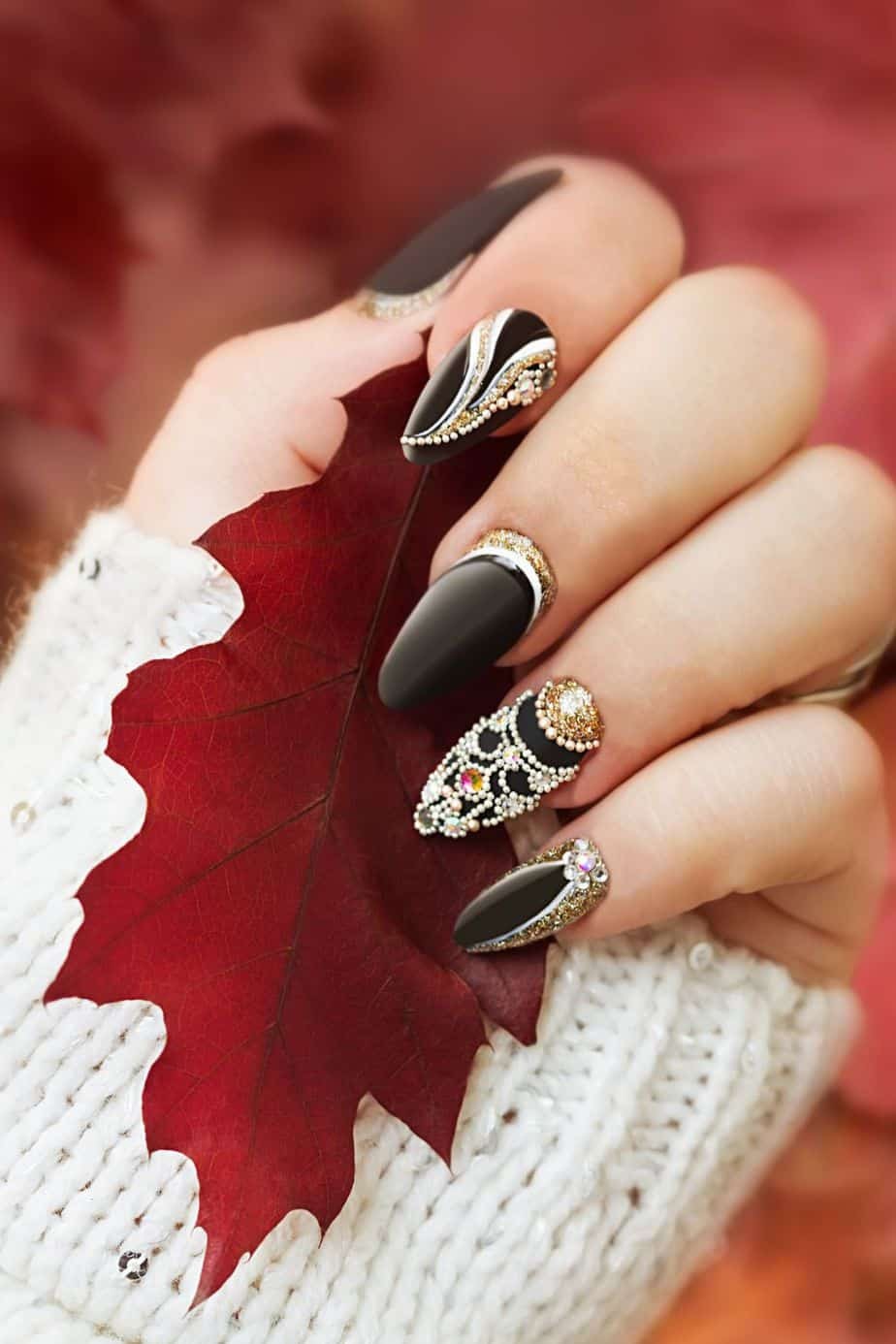 Black Nails with Embellishments