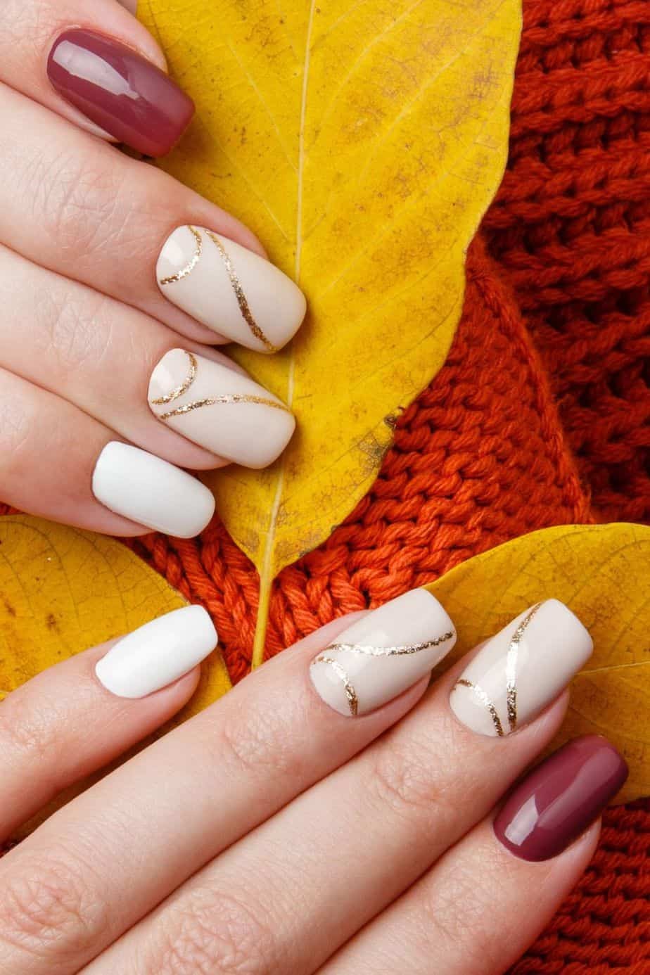 White and Maroon Nails with Glitter