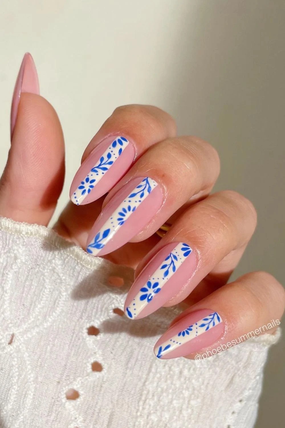 Pale Pink with Blue Floral Accent