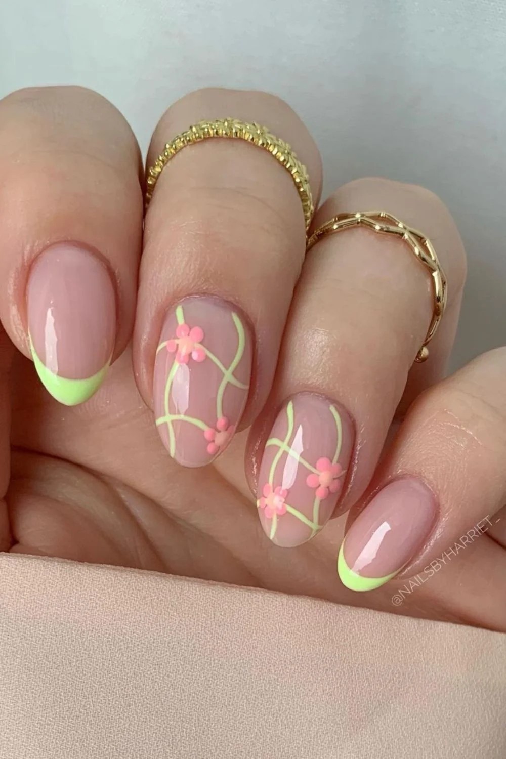 Neon French Tips with Peach Blossoms
