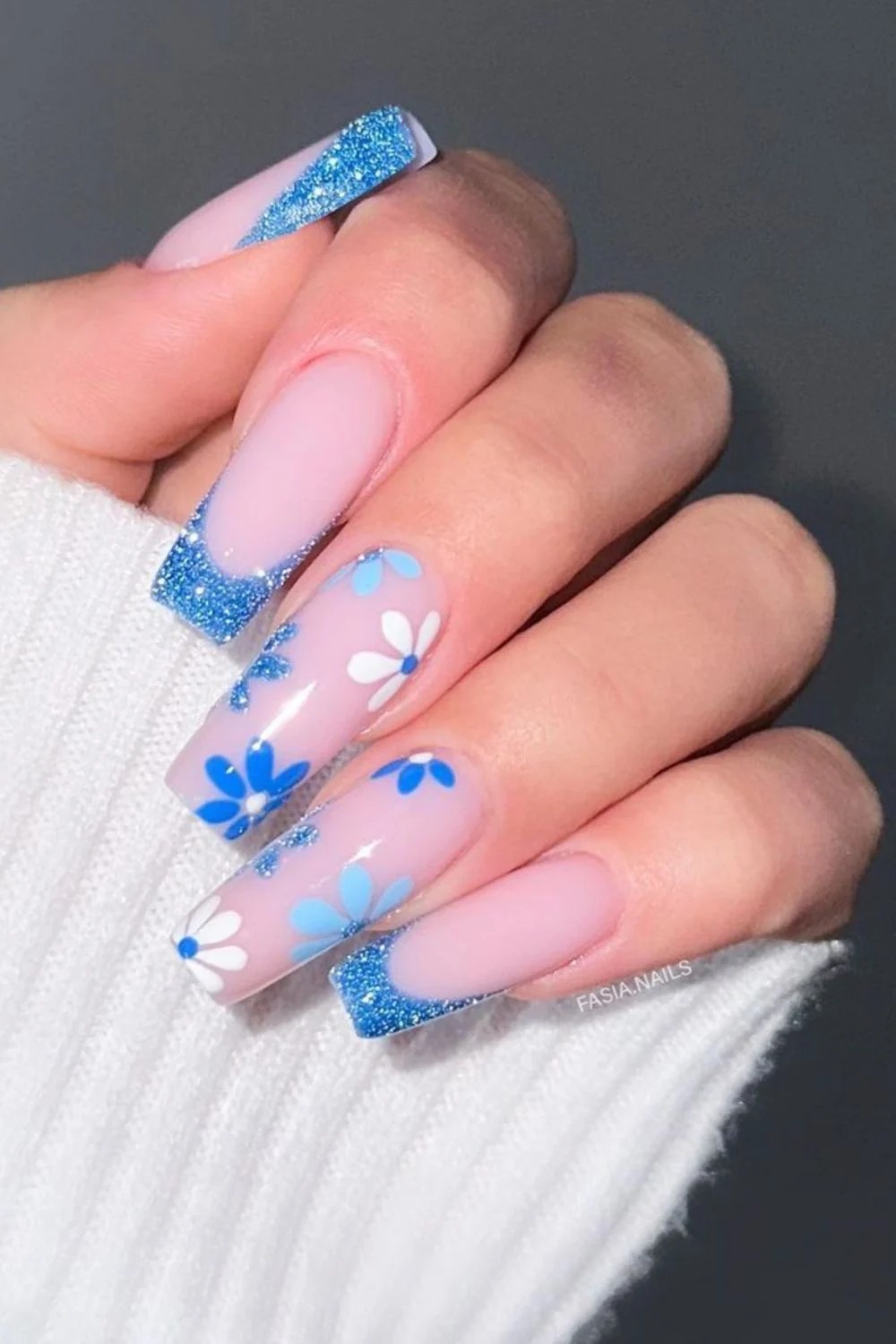 Sparkly Blue French Tips with Floral Accents