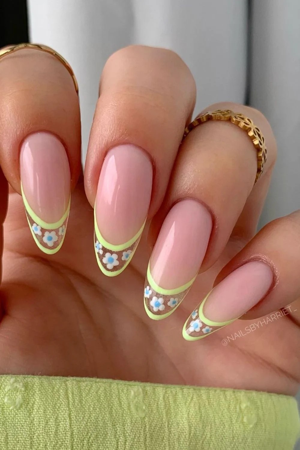 Neon French Tips with White Flowers