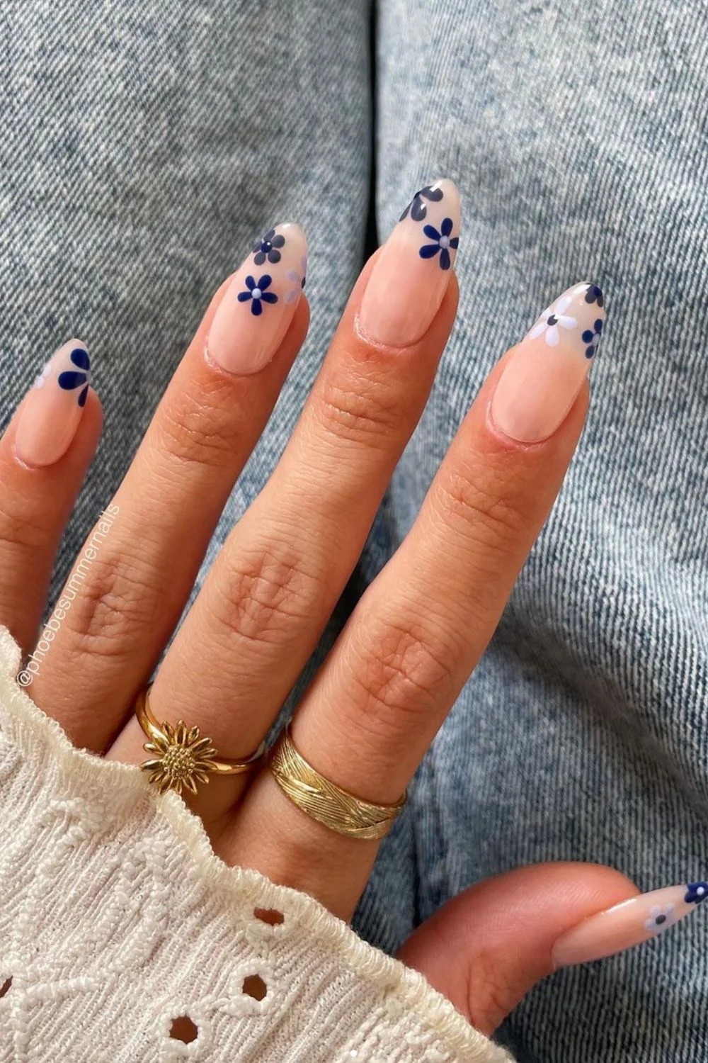 Navy Blue Floral French Tips