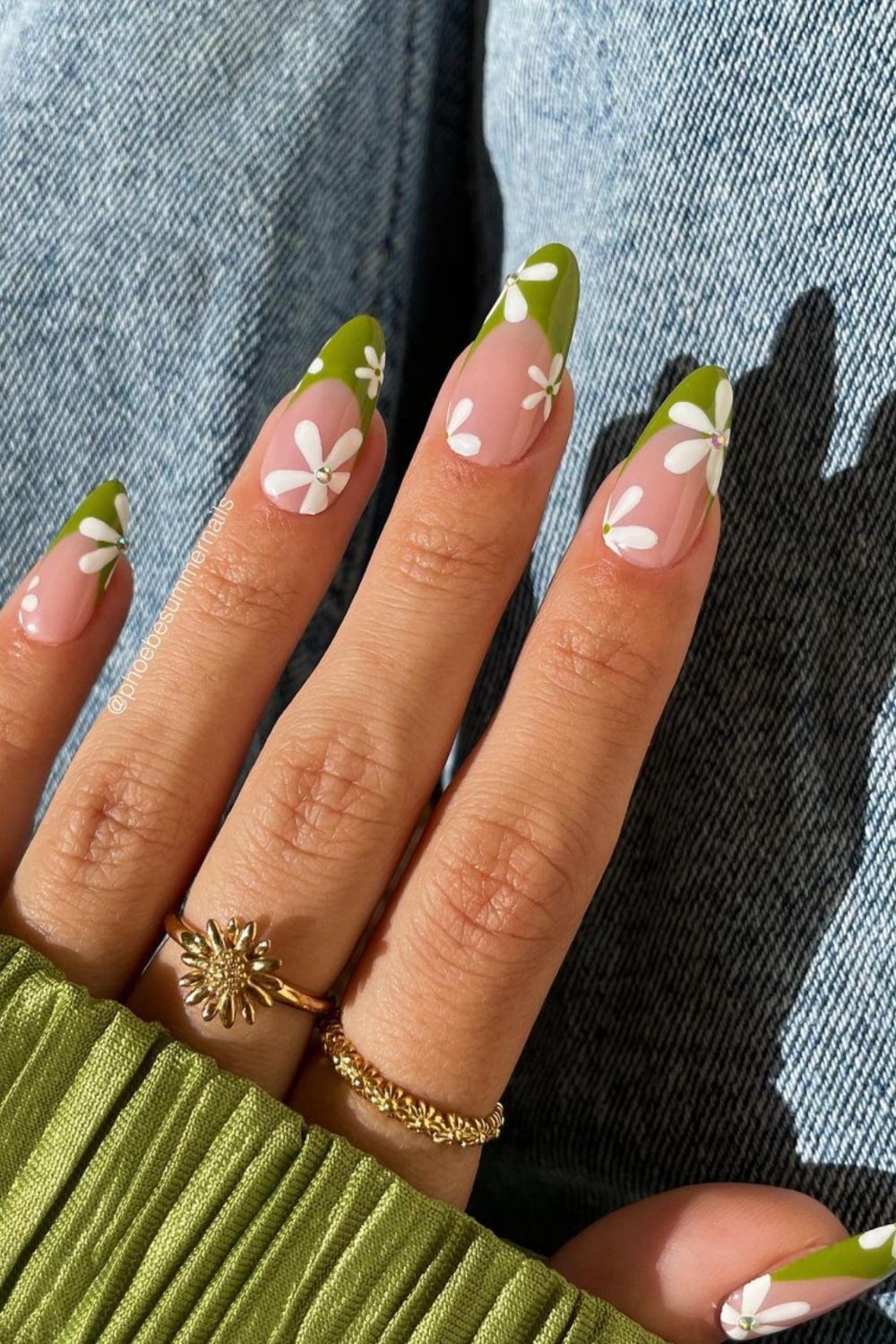 Grassy Green French Tips with White Flowers